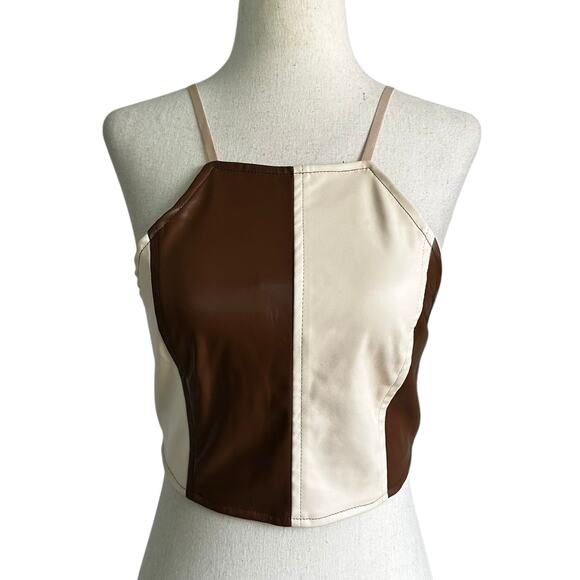 Shein Brown/Cream Color Blocked Faux Leather Crop Top Women's Size Small 10-16-2 - Picture 1 of 6